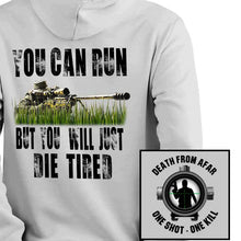 Load image into Gallery viewer, sniper one shot one kill sweatshirt death from afar sniper hoodie gray
