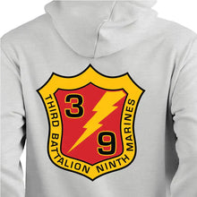 Load image into Gallery viewer, 3rd Bn 9th Marines USMC Unit hoodie, 3rdBn 9th Marines logo sweatshirt, USMC gift ideas, Marine Corp gifts women or men, USMC unit logo gear, USMC unit logo sweatshirts grey
