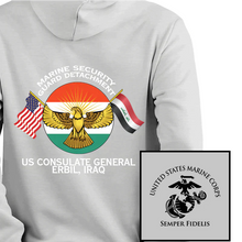 Load image into Gallery viewer, Marine Security Guard Detachment Erbil Iraq USMC  hoodie, MSG DET Erbil Iraq USMC Logo sweatshirt, USMC gift ideas, Marine Corp gifts women or men, USMC unit logo gear, USMC unit logo sweatshirts 
