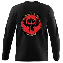 Load image into Gallery viewer, Marine Aviation Logistics Squadron 16 (MALS-16) Long Sleeve T-Shirt, MALS-16 unit t-shirt, USMC MALS-16, MALS-16 t-shirt, Marine Aviation Logistics squadron 16 Long Sleeve Black T-Shirt
