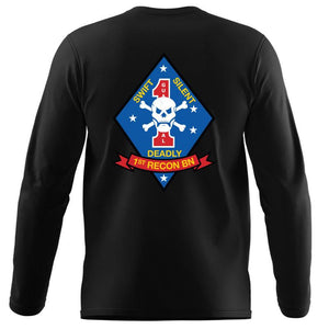 1st Recon Bn USMC long sleeve Unit T-Shirt, 1st Recon Bn logo, USMC gift ideas for men, Marine Corp gifts men or women 1st Recon Bn 1st Reconnaissance Bn  black