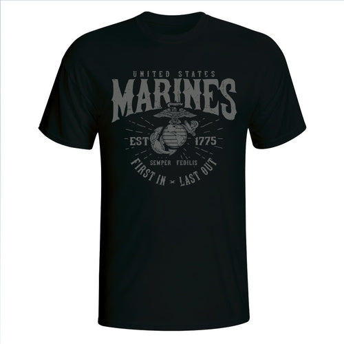 Marines First In Last Out Black T-Shirt