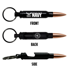 Load image into Gallery viewer, US Navy 5.56 Replica Bullet Bottle Opener Keychain front side and back view
