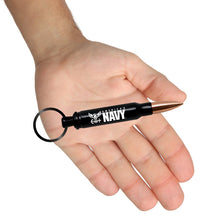 Load image into Gallery viewer, US Navy 5.56 Replica Bullet Bottle Opener Keychain displayed on hand
