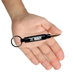 US Navy 5.56 Replica Bullet Bottle Opener Keychain displayed on hand