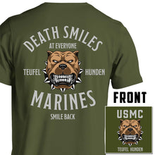 Load image into Gallery viewer, death smiles marines smile back usmc gift marine corp gift ideas od green pt shirt
