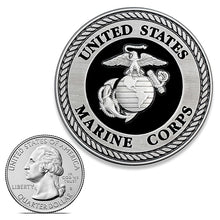 Load image into Gallery viewer, Black and Silver 3D Marine Corps EGA Emblem Two Inch Medallion Size Comparison
