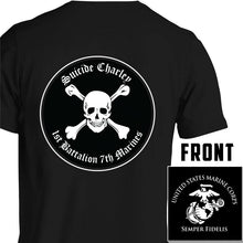 Load image into Gallery viewer, 1st Bn 7th Marines Suicide Charley USMC Unit T-Shirt, 1st Bn 7th Marines Suicide Charley logo, USMC gift ideas for men, Marine Corp gifts men or women 
