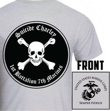 Load image into Gallery viewer, 1st Bn 7th Marines Suicide Charley USMC Unit T-Shirt, 1st Bn 7th Marines Suicide Charley logo, USMC gift ideas for men, Marine Corp gifts men or women 

