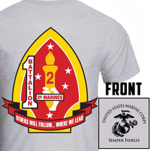 Load image into Gallery viewer, 1st Battalion 2nd Marines USMC Unit T-Shirt, 1st Battalion 2nd Marines, USMC unit gear, 1st Battalion 2nd Marines logo, 1st Bn 2d Marines logo, USMC gift ideas for men
