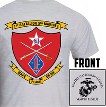 Load image into Gallery viewer, 1st Bn, 5th Marines USMC Unit T-Shirt, 1st Bn, 5th Marines logo, USMC gift ideas for men, Marine Corp gifts men or women

