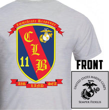 Load image into Gallery viewer, CLB-11 USMC Unit T-Shirt, CLB-11 logo, USMC gift ideas for men, Marine Corp gifts men or women CLB-11 Combat Logistics Battalion 11 gray
