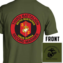 Load image into Gallery viewer, 3d Bn 2d Marines USMC Unit T-Shirt, 3d Bn 2d Marines logo, USMC gift ideas for men, Marine Corp gifts men or women 3d Bn 2d Marines 3d Bn 2d Marines od green pt shirt
