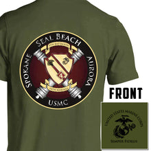 Load image into Gallery viewer, 5th Bn 14th Marines USMC Unit Long Sleeve T-Shirt, 5th Bn 14th Marines, USMC unit gear, 5th Bn 14th Marines logo, 5th Battalion 14th Marines logo, USMC gift ideas for men, Marine Corp gifts od green pt shirt
