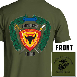 3rd Bn 4th Marines USMC Unit T-Shirt, 3rd Bn 4th Marines logo, USMC gift ideas for men, Marine Corp gifts men or women 3rd Bn 4th Marines 3d Bn 4th Marines od green pt shirt