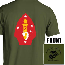 Load image into Gallery viewer, 2nd Marine Division USMC Unit T-Shirt, 2nd Marine Division logo, USMC gift ideas for men, Marine Corp gifts men or women OD Green Short Sleeve T-Shirt
