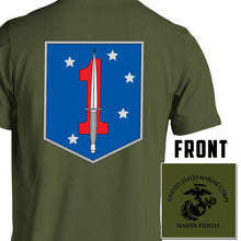 Load image into Gallery viewer, 1st MSOB USMC Unit T-Shirt, 1st MSOB logo, USMC gift ideas for men, Marine Corp gifts men or women 1st MSOB 1st Marine Raider Bn  OD green PT
