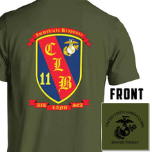 Load image into Gallery viewer, CLB-11 USMC Unit T-Shirt, CLB-11 logo, USMC gift ideas for men, Marine Corp gifts men or women CLB-11 Combat Logistics Battalion 11 od green pt shirt
