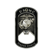 Load image into Gallery viewer, USMC Tun Tavern Dog Tag Bottle Opener- Marine Corps Birthday Challenge Coin back side
