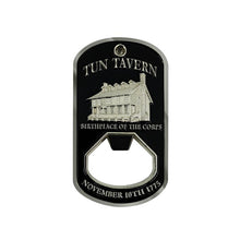 Load image into Gallery viewer, USMC Tun Tavern Dog Tag Bottle Opener- Marine Corps Birthday Challenge Coin front side
