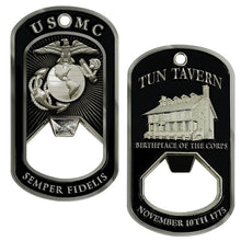 Load image into Gallery viewer, USMC Tun Tavern Dog Tag Bottle Opener- Marine Corps Birthday Challenge Coin
