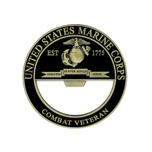 Load image into Gallery viewer, USMC Combat Veteran Bottle Opener, USMC Combat Veteran Bottle Opener Coin, USMC Combat Vet, Combat Vet Coin, Combat Veteran Bottle Opener, USMC Combat Veteran, Marine Corps Combat Veteran Gifts
