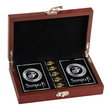 Load image into Gallery viewer, Blackout Metallic Marine Corps Playing Cards and Dice in Wooden Box Set
