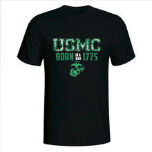 Load image into Gallery viewer, USMC Born In A Bar 1775 Green EGA on Black T-Shirt
