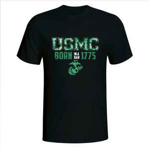 USMC Born In A Bar 1775 Green EGA on Black T-Shirt