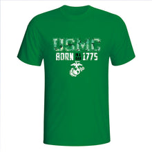 Load image into Gallery viewer, USMC Born In A Bar 1775 White EGA on Green T-Shirt
