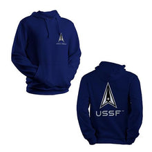 Load image into Gallery viewer, USSF Sweatshirt - United States Space Force Hoodie for spacemen Navy Blue Color front and back
