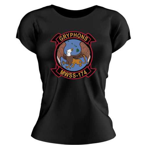 MWSS-174 USMC Unit ladie's T-Shirt, MWSS-174 logo, USMC gift ideas for women, Marine Corp gifts for women Marine Wing Support Squadron 174 black