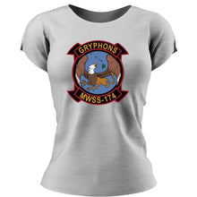 Load image into Gallery viewer, MWSS-174 USMC Unit ladie&#39;s T-Shirt, MWSS-174 logo, USMC gift ideas for women, Marine Corp gifts for women Marine Wing Support Squadron 174 Heather Grey
